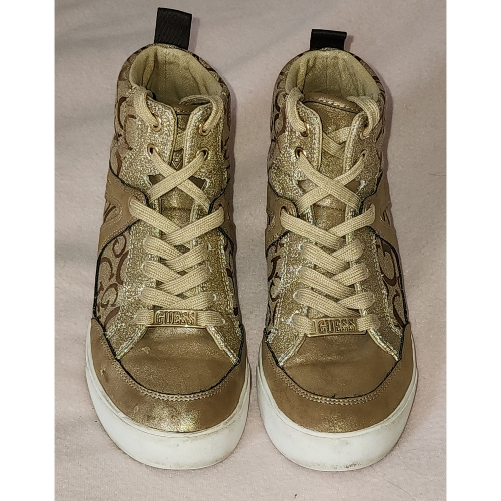 Guess Women's WGTONIGHT3 High Top Sneakers Beige Brown and Gold Glitter - Picture 7 of 9